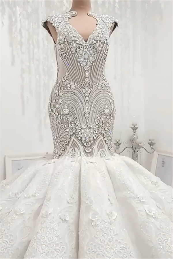 Luxurious Sleeveless Appliques Rhinestones Mermaid Wedding Bridal Gowns