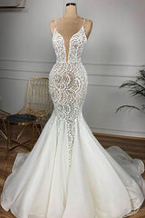 Luxurious Spaghetti Strap Plugging V neck White Sleeveless Mermaid Hollow Wedding Dress