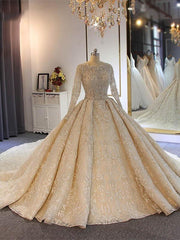 Luxury Long Ball Gown Lace Beading Wedding Dresses with Sleeves