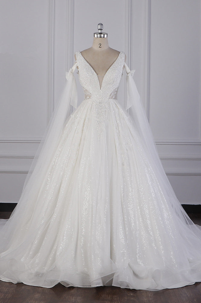 Luxury V-Neck Beadings Wedding Dress Tulle Sleeveless Sequined Bridal Gowns