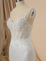 Mermaid Satin Spaghetti Straps Appliques Lace Chapel Train Corset Wedding Dress