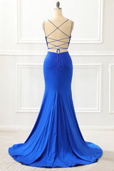 Mermaid Royal Blue Satin Glitter Prom Dress With Beading