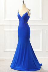Mermaid Royal Blue Satin Glitter Prom Dress With Beading