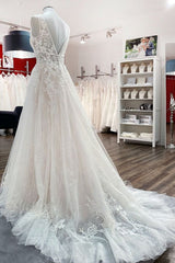 Modest Long A-line V-neck Open Back Tulle Wedding Dress with Appliques Lace