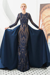 Long Sleeves Mermaid Detachable Train Prom Dresses with Train Sequined