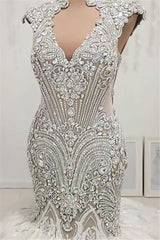 New Arrival V Neck Cap Sleeve Beads Crystals Mermaid Wedding Dress Lace Applique