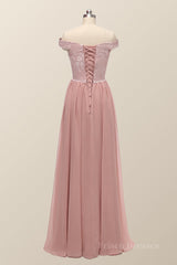 Off the Shoulder Blush Pink Lace and Chiffon Bridesmaid Dress