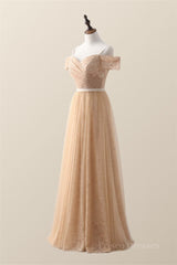 Off the Shoulder Champagne Lace and Tulle Long Bridesmaid Dress