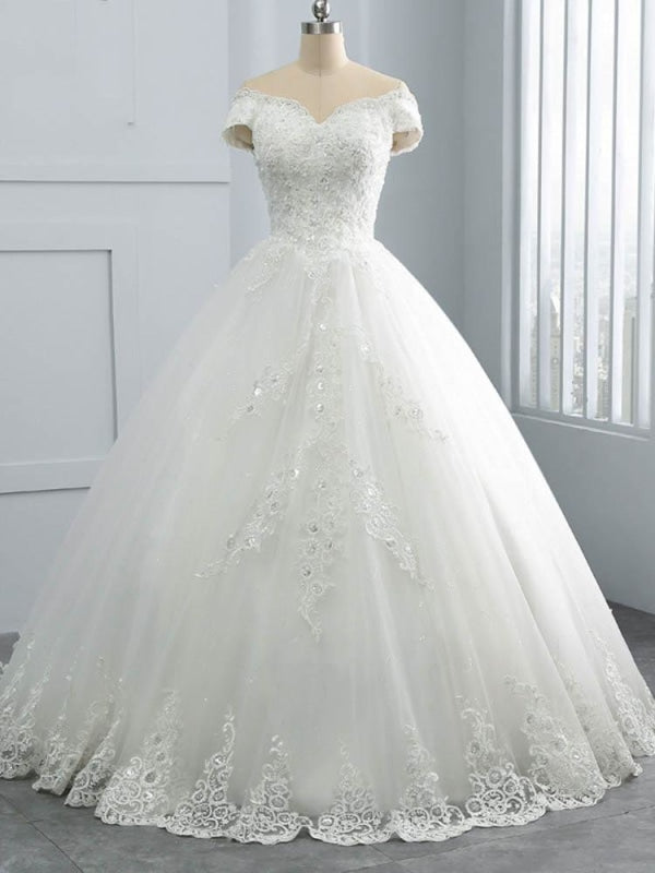 Off-the-Shoulder Lace Sequins Ball Gown Wedding Dresses