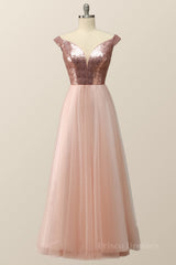 Off the Shoulder Rose Gols Sequin and Tulle Long Party Dress