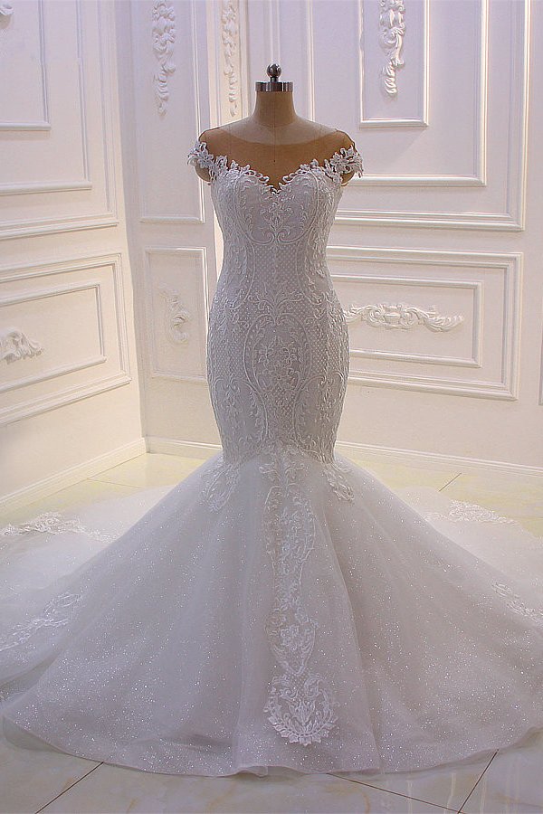 Off the Shoulder Sweetheart White Lace Appliques Tulle Mermaid Wedding Dress