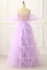 Off The Shoulder A Line Tulle Lavender Prom Dress