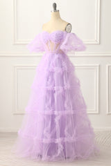 Off The Shoulder A Line Tulle Lavender Prom Dress