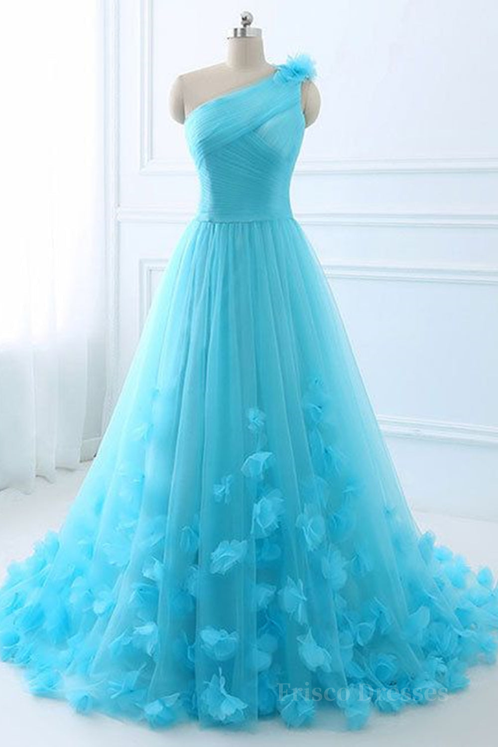 One Shoulder Blue 3D Flowers Long Prom Dress, Blue Floral Formal Evening Dress