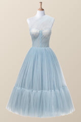 One Shoulder Blue Tulle Midi Dress