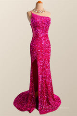 One Shoulder Fuchsia Sequin Mermaid Long Party Dress