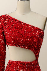 One Shoulder Long Sleeve Red Sequin Mermaid Party Dress