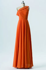 One Shoulder Orange Chiffon A-line Long Bridesmaid Dress