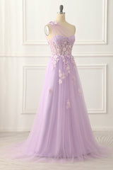 One Shoulder A Line Tulle Lavender Prom Dress With Appliques