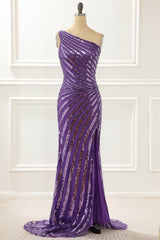 One Shoulder Purple Sequin Prom Dress With Slit