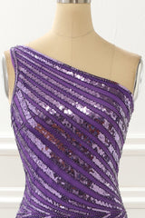 One Shoulder Purple Sequin Prom Dress With Slit