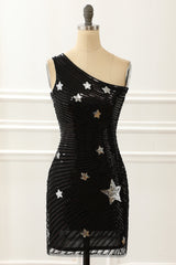 One Shoulder Sequin Cocktail Dress With Stars