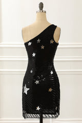 One Shoulder Sequin Cocktail Dress With Stars