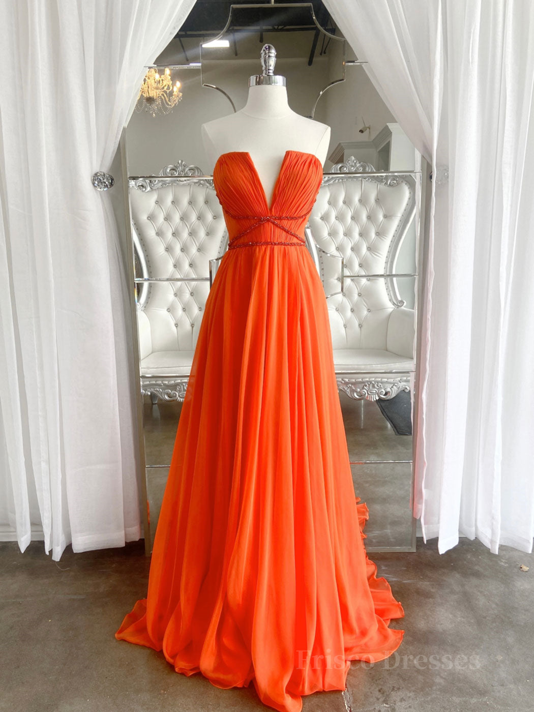 Orange Aline chiffon long prom dress, orange long evening dress