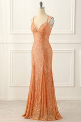 Orange Lace Up Back Sequins Prom Dress