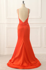 Orange Spaghetti Straps Satin Long Prom Dress