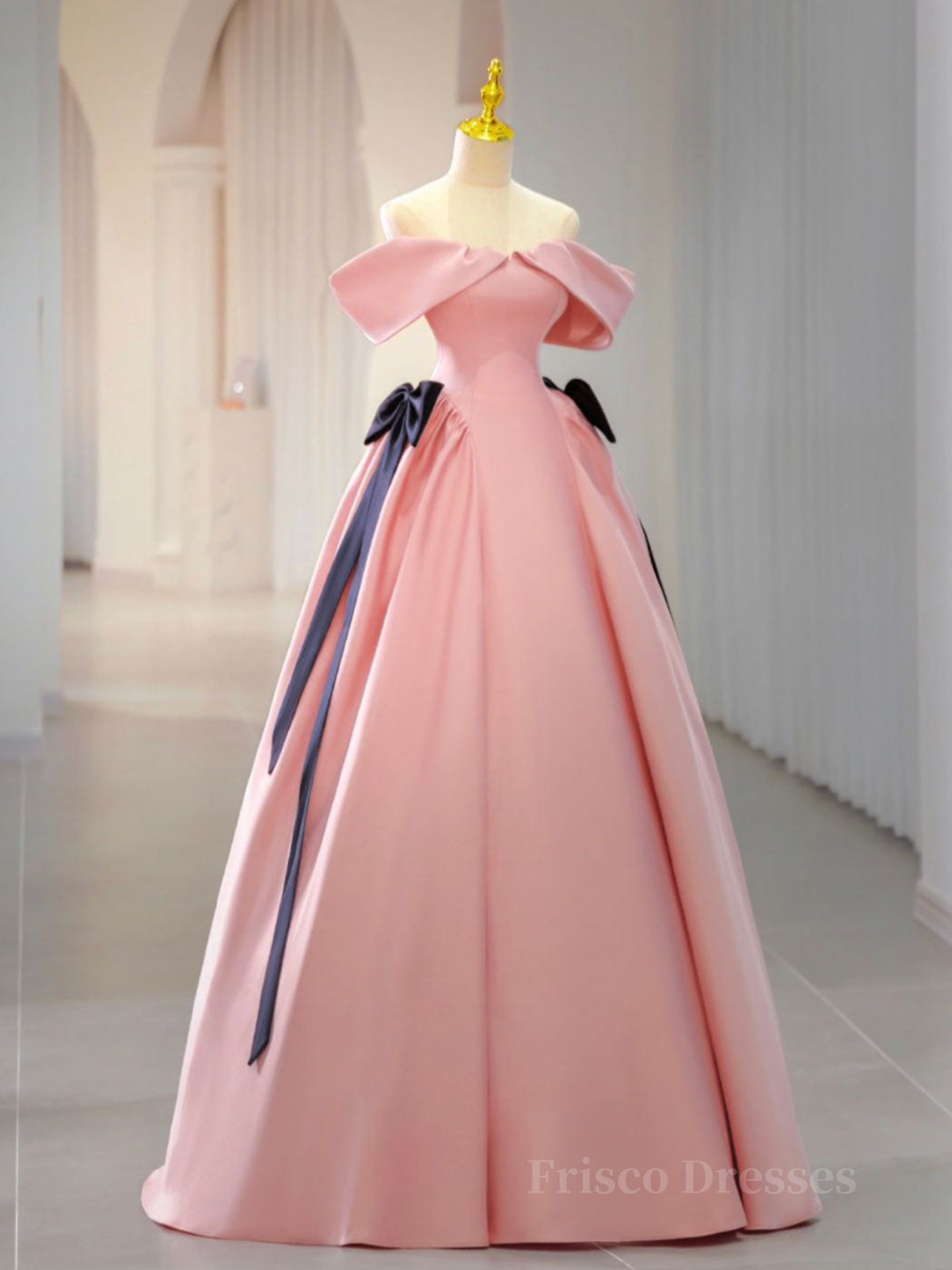 Pink A-Line Satin Off Shoulder Long Prom Dress, Pink Formal Evening Dresses