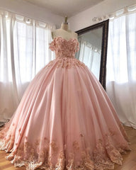 Pink Embroidered Lace Quinceanera Dresses Ball Gowns, Long Prom Dress