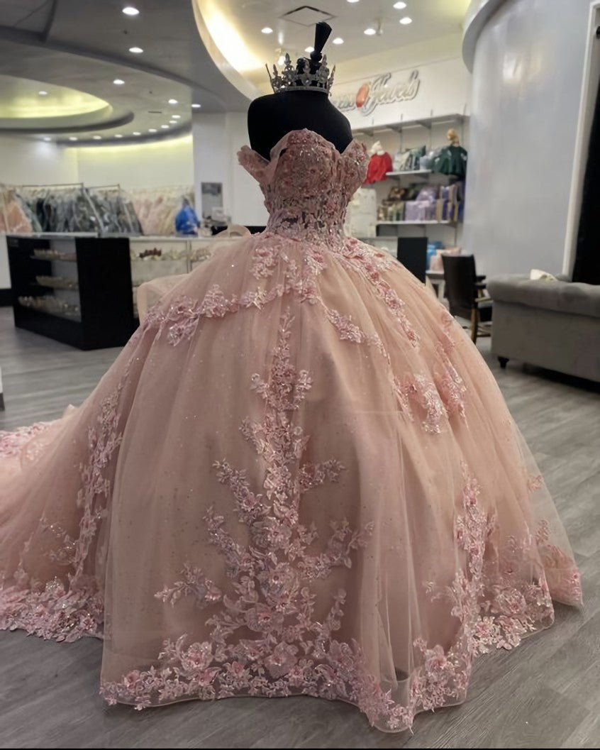 Pink Lace Long Prom Dresses, Ball Gown Sweet 16 Dresses