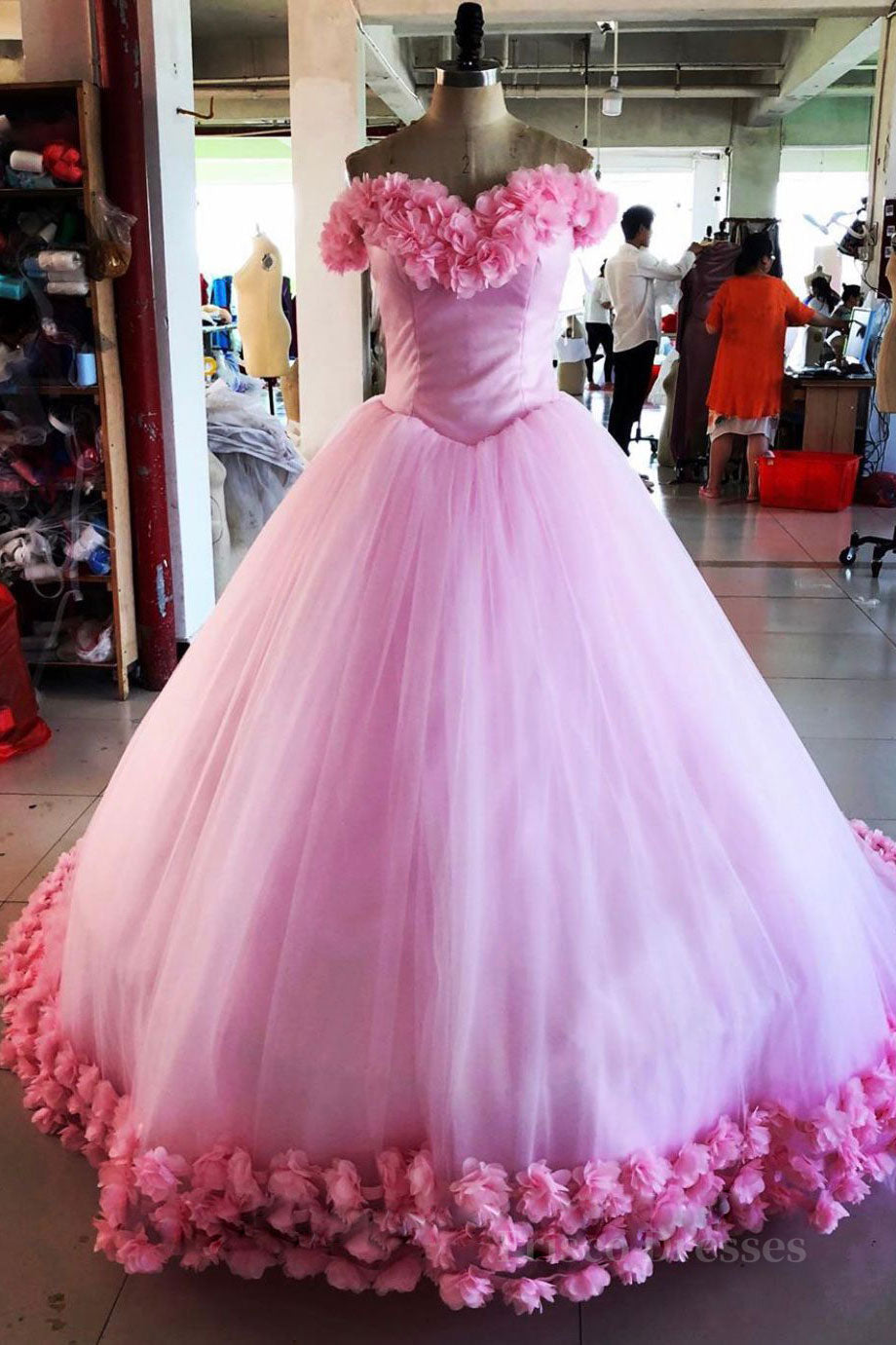 Pink tulle 3d flower tulle long prom gown, pink tulle evening dress