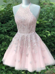 Pink tulle lace short prom dress, pink tulle lace homecoming dress