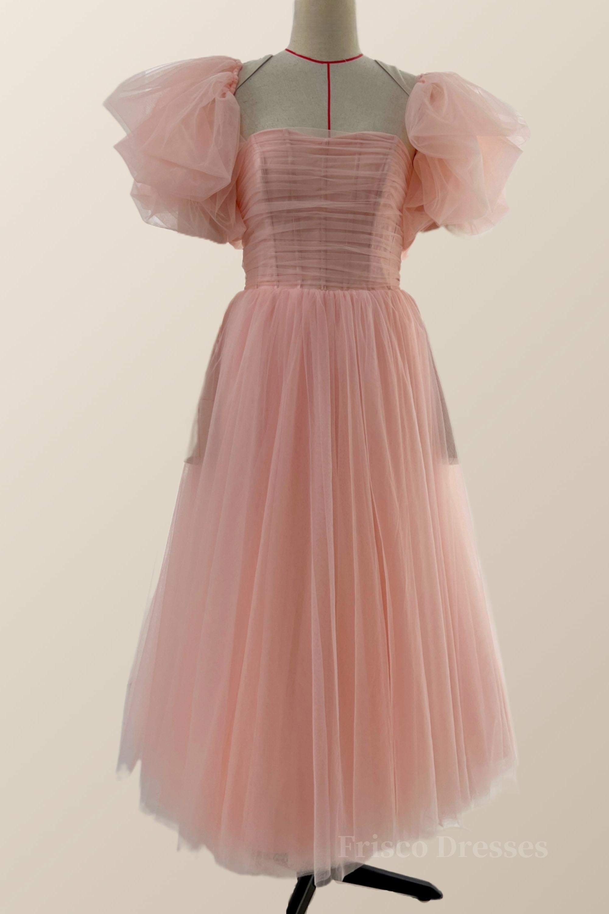 Pink Tulle Midi Dress with Short Puffy Sleeves