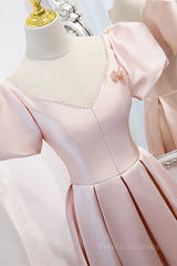 Pink V Neck Puff Sleeves Pearl Beaded 3D Applique Long Formal Dress