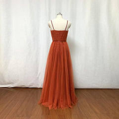 Burnt Orange Tulle Bridesmaid Dress, 2023 Spaghetti Straps Boho