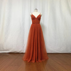 Burnt Orange Tulle Bridesmaid Dress, 2023 Spaghetti Straps Boho