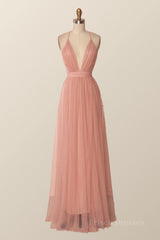 Plunge Pink Tulle A-line Long Formal Dresss