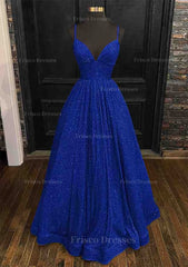 Princess A Line V Neck Spaghetti Straps Long Floor Length Sequined Prom Dress With Pleated