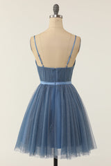 Princess Misty Blue A-line Short Party Dress with Ribbon