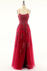 Princess Wine Red Appliques A-line Long Formal Dress with Slit