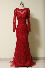 Elegant Long Sleeves Red Lace Mermaid Prom Dress, 2023 Party Dress, Evening Dress, 2023