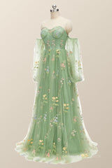 Puff Long Sleeves Green Floral Corset Long Formal Dress
