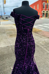 Purple Sequin Off-the-Shoulder Lace-Up Mermaid Prom Dresses Evening Gowns