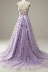 Light Purple Lace Applique A Line Spaghetti Straps Prom Dress Evening Gown