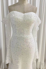 Ivory Mermaid Sequined Prom Dress with Long Sleeves, Sparkly Long Party Dresses