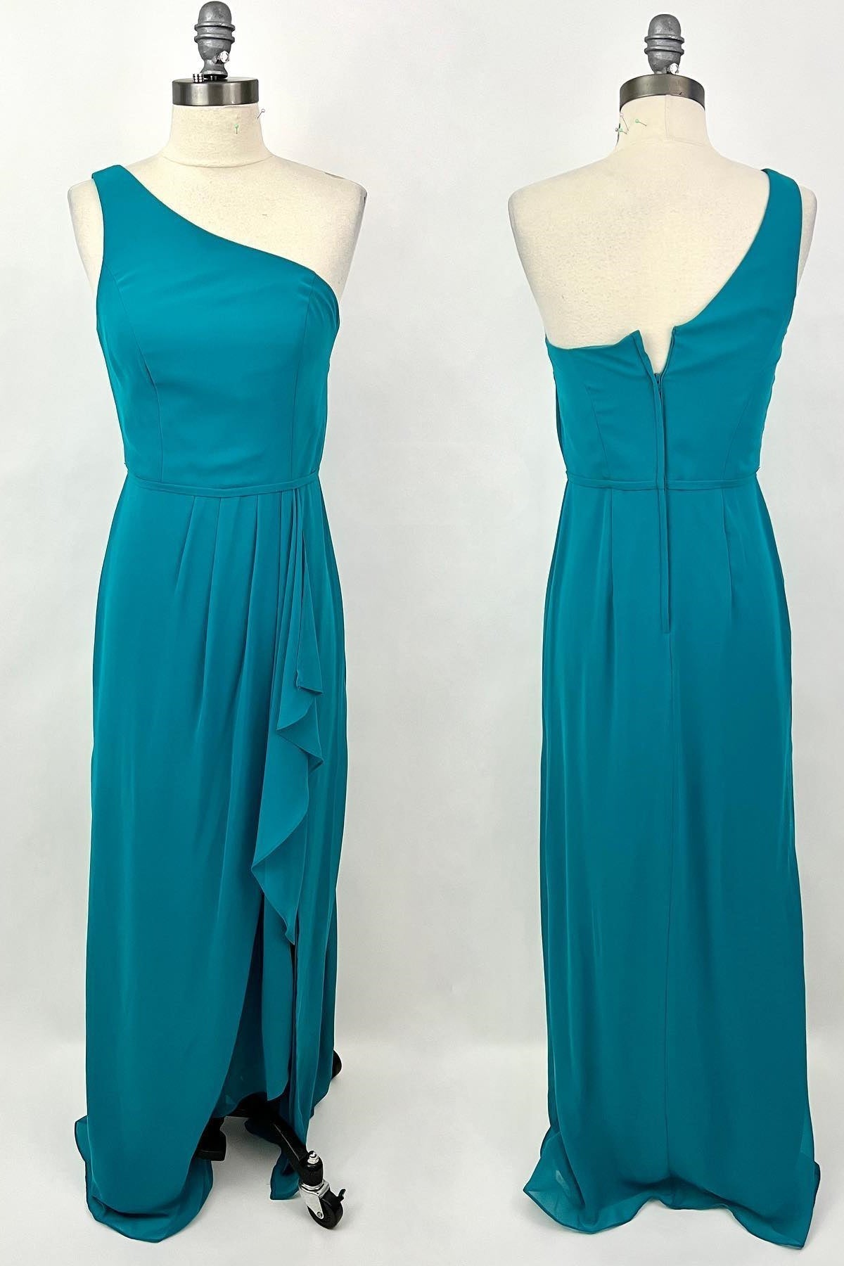 One Shoulder Turquoise Ruffles Chiffon Long Bridesmaid Dress