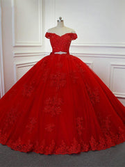 Red Long Princess Off the Shoulder Tulle Lace Wedding Dresses